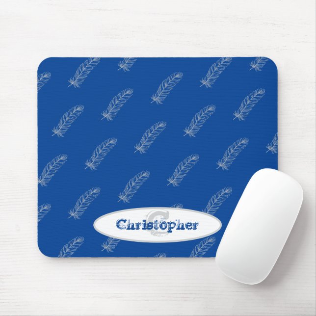 Monogram Name Feathers Pattern White Blue Modern Mouse Pad (With Mouse)