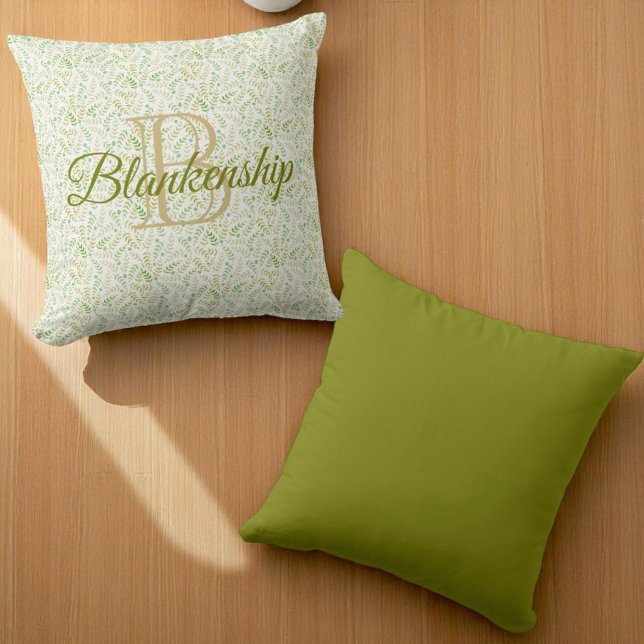 Monogram Name Fern Leaf Pattern Solid Green Back Lumbar Pillow (front design with back complementary color pillow)