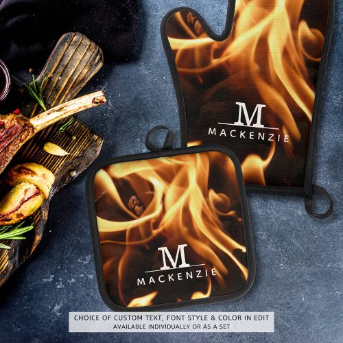 Monogram Name Fire Flames Oven Mitt  Pot Holder Set