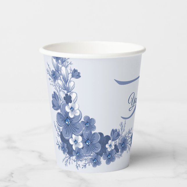 Monogram Name Floral Blue Gray Rustic Elegant Paper Cups (Front)