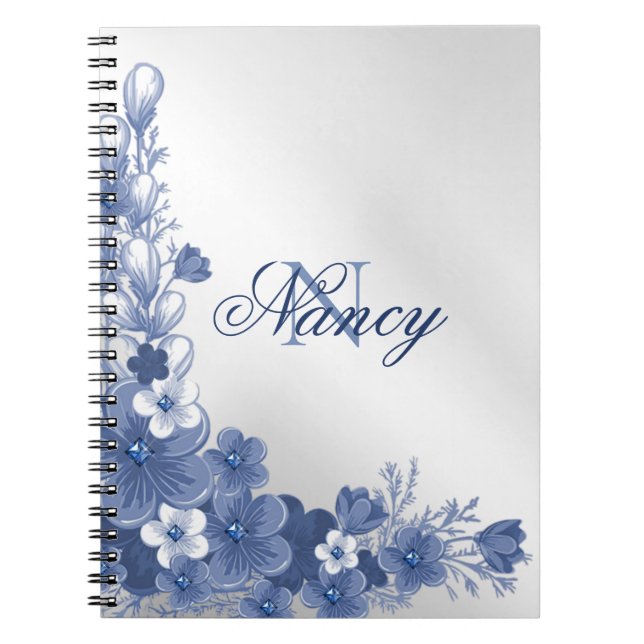Monogram Name Floral Blue Silver Gray Elegant Notebook (Front)