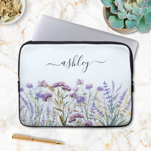 Monogram Name Floral Botanical Purple Wildflower Laptop Sleeve