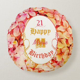 Monogram Name Floral Elegant 21st Happy Birthday Round Pillow