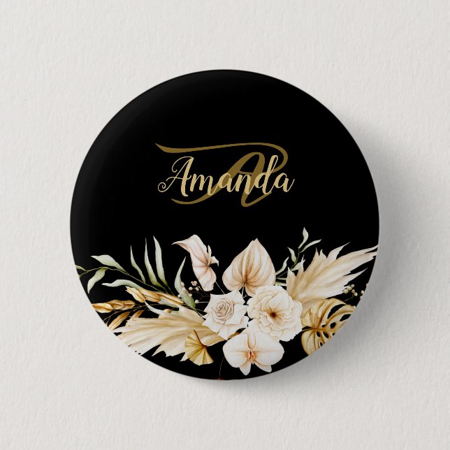 Monogram Name Floral Golden Black Elegant Modern Button (Front)
