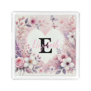 Monogram name floral hearts romantic watercolor acrylic tray