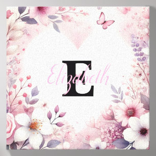 Monogram name floral hearts romantic watercolor canvas photo tile