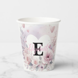 Monogram name floral hearts romantic watercolor  paper cups
