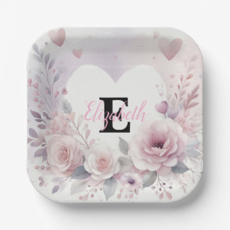 Monogram name floral hearts romantic watercolor  paper plates