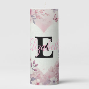 Monogram name floral hearts romantic watercolor pillar candle
