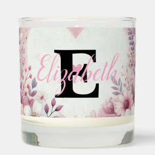 Monogram name floral hearts romantic watercolor scented candle