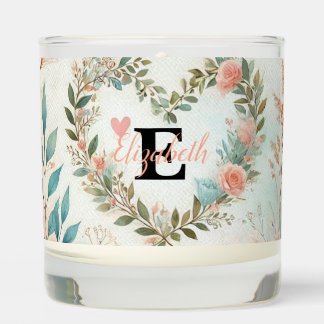 Monogram name floral hearts romantic watercolor scented candle