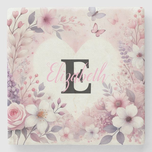 Monogram name floral hearts romantic watercolor  stone coaster (Front)