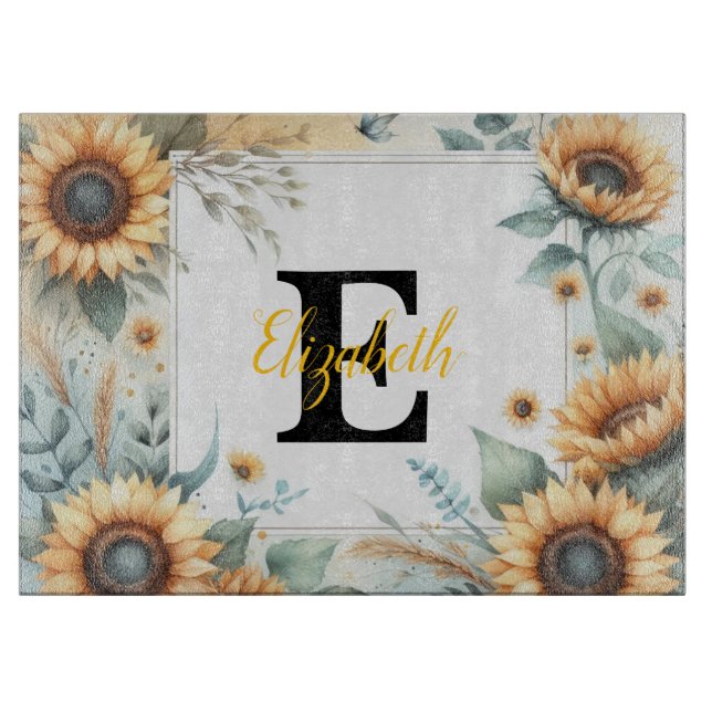 Monogram name floral sunflower pastel watercolor  cutting board (Front)
