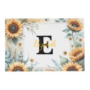 Monogram name floral sunflower pastel watercolor placemat