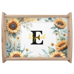 Monogram name floral sunflower pastel watercolor serving tray