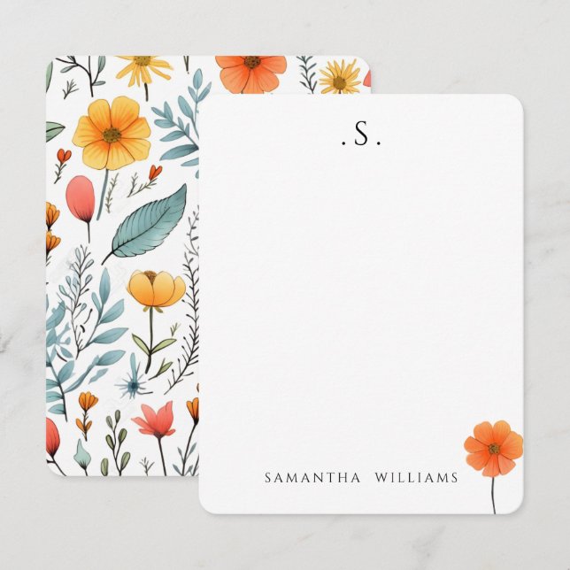 Monogram & Name Floral Watercolor Botanical Note Card (Front/Back)