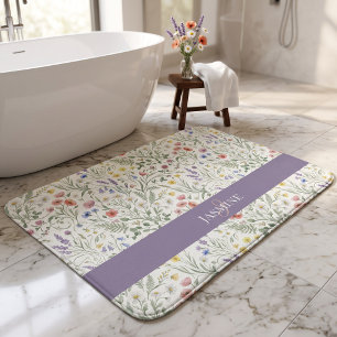 Monogram Name Floral Wildflower Boho Lavender Chic Bath Mat