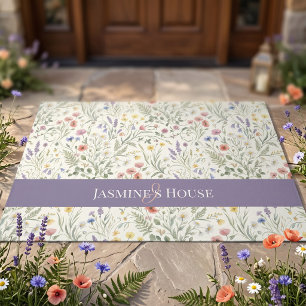 Monogram Name Floral Wildflower Boho Lavender Chic Doormat