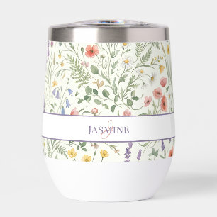 Monogram Name Floral Wildflower Boho Lavender Chic Thermal Wine Tumbler