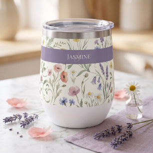 Monogram Name Floral Wildflower Boho Lavender Chic Thermal Wine Tumbler