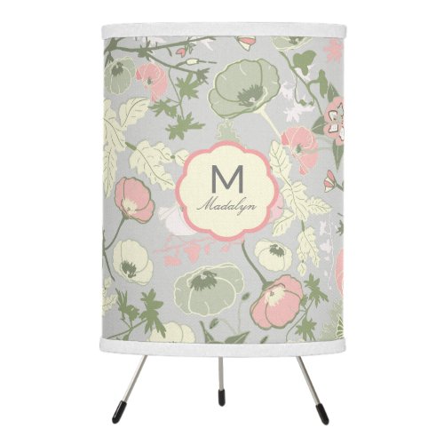 Monogram Name Flowers Pink Green Home Decor Tripod Lamp