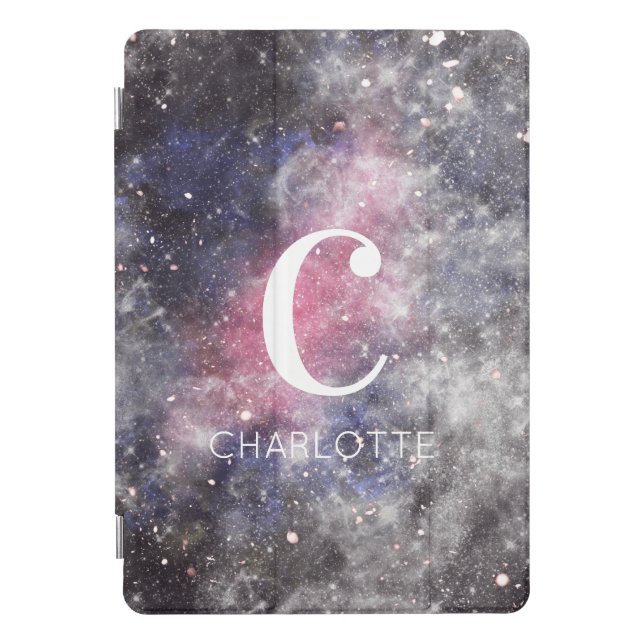 Monogram Name Galaxy Nebula Pink Black iPad Pro Cover (Front)