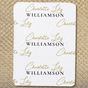 Monogram Name Gender Neutral White Gold Black  Baby Blanket