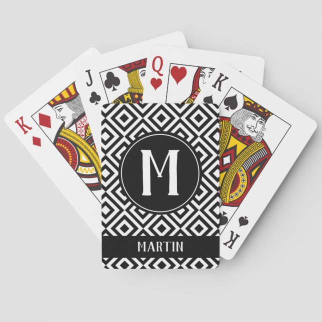 Monogram Name Geometric Black & White Pattern Poker Cards (Back)