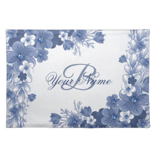 Monogram Name Gift Floral Blue Elegant Rustic Cloth Placemat