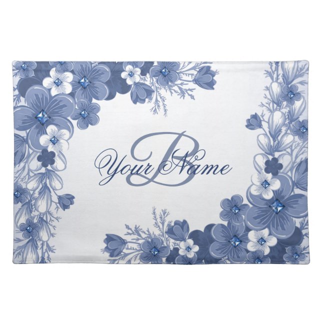 Monogram Name Gift Floral Blue Elegant Rustic Cloth Placemat (Front)