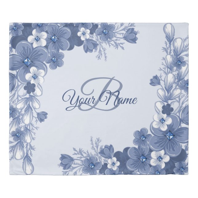Monogram Name Gift Floral Blue Elegant Rustic Duvet Cover (Front)