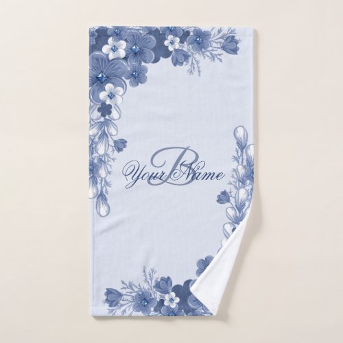 Monogram Name Gift Floral Blue Elegant Rustic Hand Towel