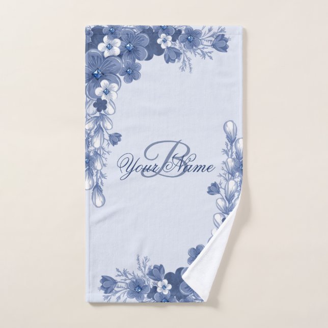 Monogram Name Gift Floral Blue Elegant Rustic Hand Towel (Hand Towel)