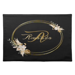 Monogram Name Gift Floral Golden Black Elegant Cloth Placemat