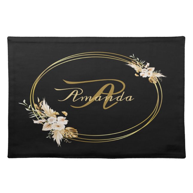 Monogram Name Gift Floral Golden Black Elegant Cloth Placemat (Front)
