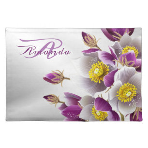 Monogram Name Gift Floral Pink Purple Silver Cloth Placemat