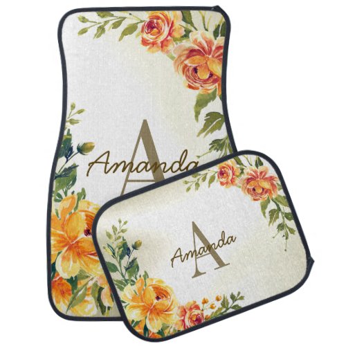 Monogram Name Gift Orange Yellow Red Floral Green Car Floor Mat