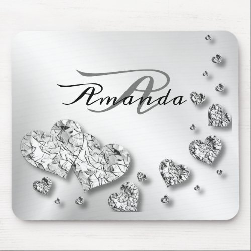 Monogram Name Gift Silver Hearts Gray Elegant Mouse Pad