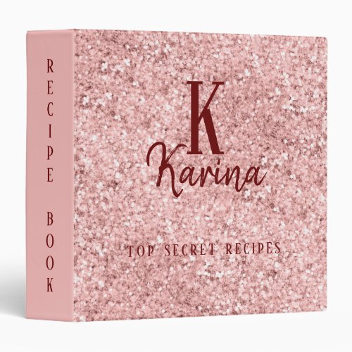 Monogram name girly blush glitter sparkle recipe 3 ring binder