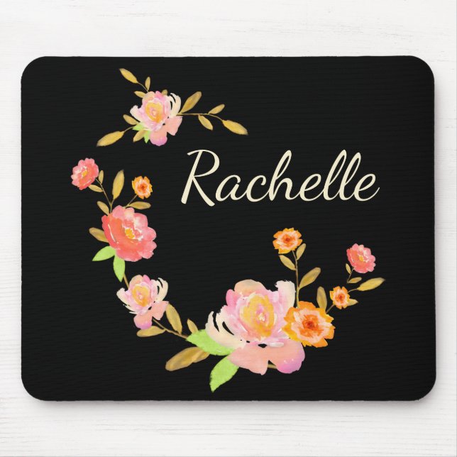 Monogram Name Girly Orange & Pink Floral Mouse Pad (Front)