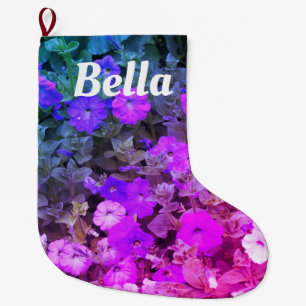 Monogram Name Girly Purple Pink Floral Flowers Large Christmas Stocking