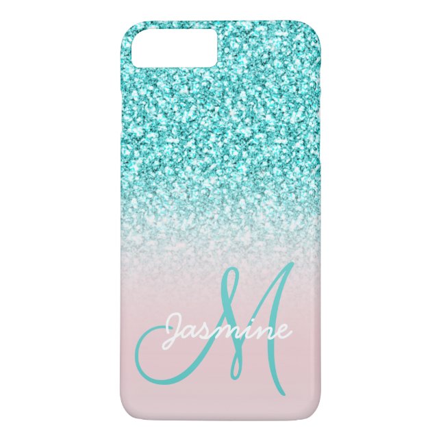 Monogram Name Girly Teal Glitter Pink Ombre Case-Mate iPhone Case (Back)