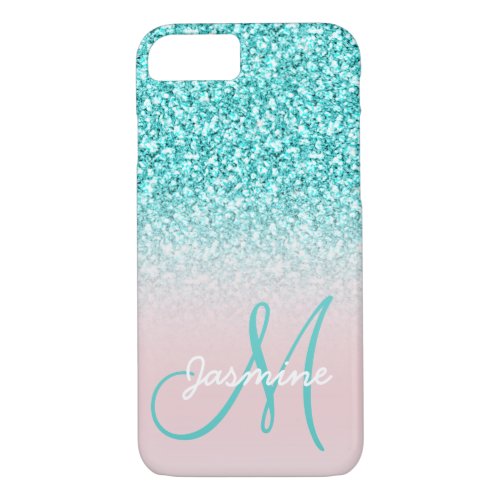 Monogram Name Girly Teal Glitter Pink Ombre iPhone 87 Case