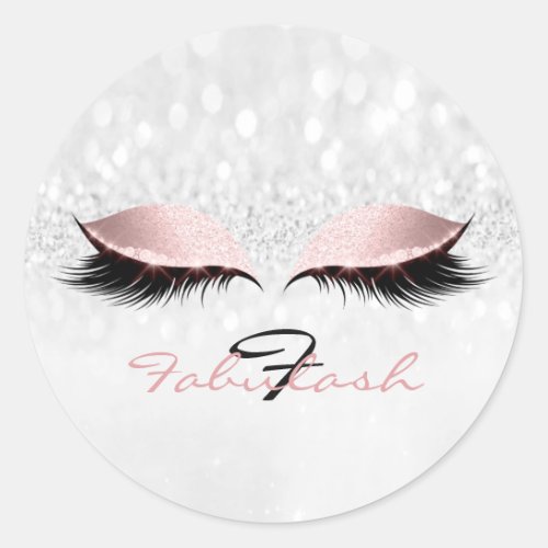 Monogram Name Glitter Pink Eye Lash Girl 16 Silver Classic Round Sticker