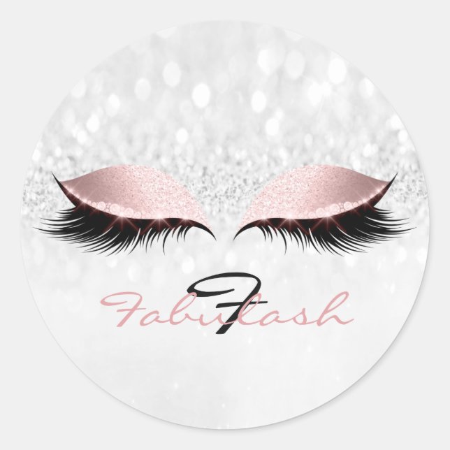 Monogram Name Glitter Pink Eye Lash Girl 16 Silver Classic Round Sticker (Front)