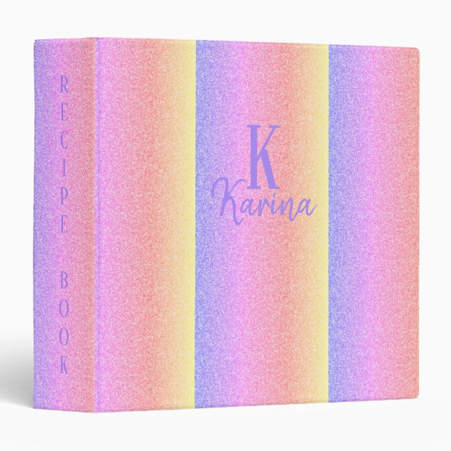 Monogram name glitter rainbow personalized recipe 3 ring binder (Front/Spine)