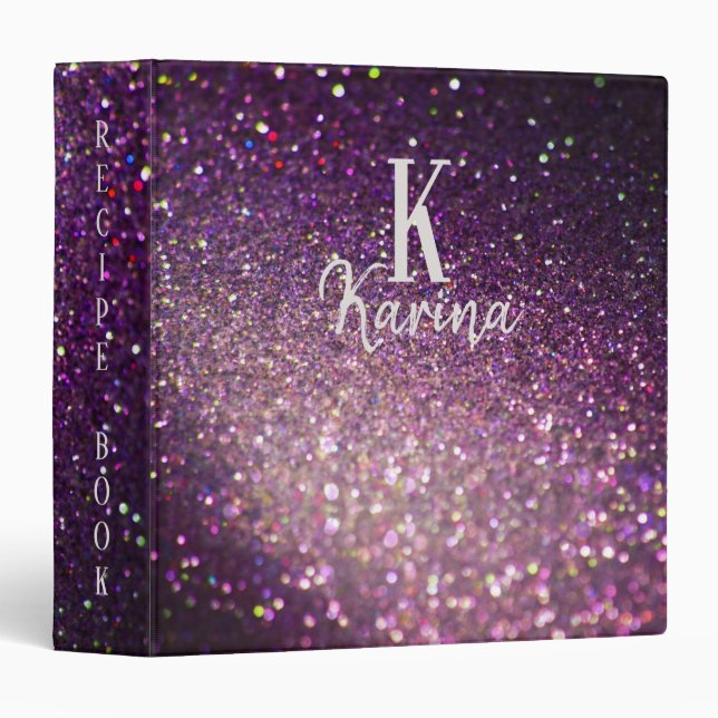 Monogram name glitter sparkle purple recipe 3 ring binder (Front/Spine)