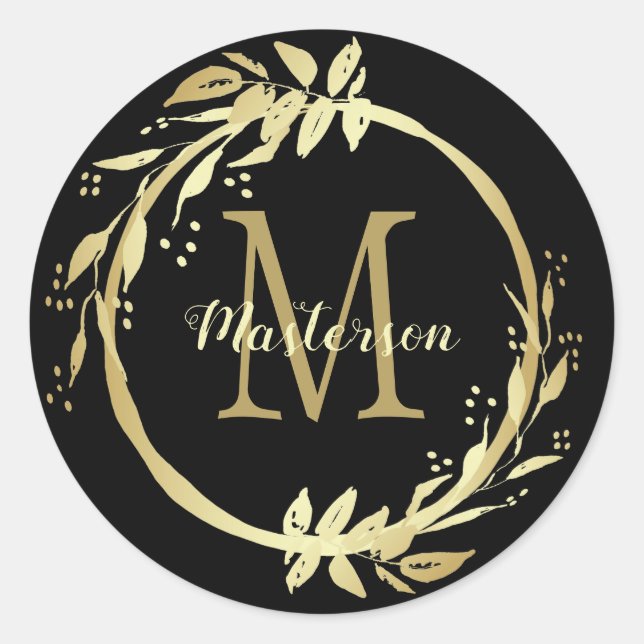 Monogram Name Gold Black Christmas Wreath Classic Round Sticker (Front)