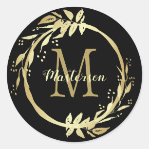 Monogram Name Gold Black Christmas Wreath Classic Round Sticker