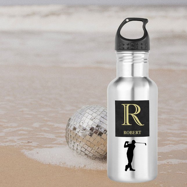 Monogram Name Gold Black Golfer   Stainless Steel Water Bottle (Creator Uploaded)